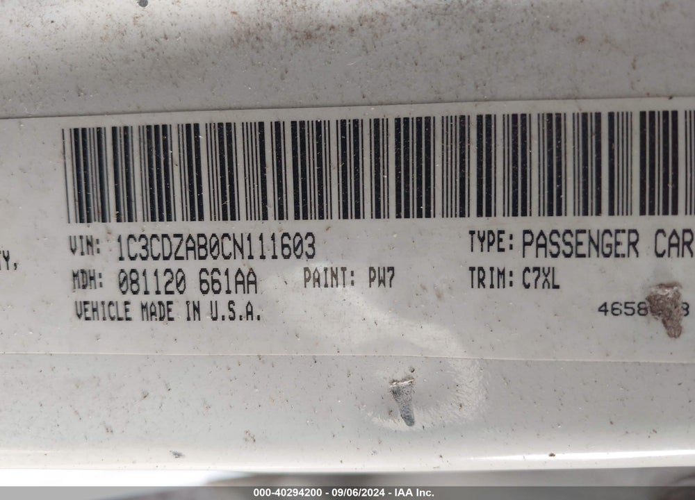 2012 DODGE AVENGER SE VIN: 1C3CDZAB0CN111603