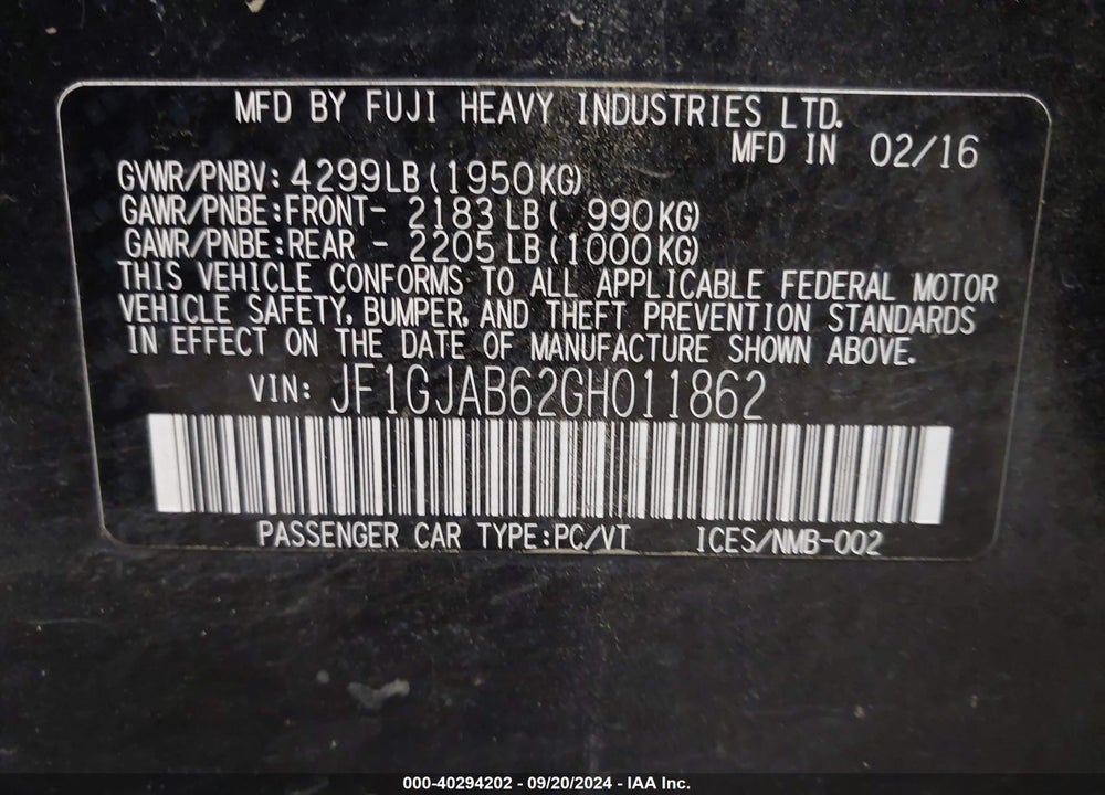 2016 SUBARU IMPREZA 2.0I PREMIUM VIN: JF1GJAB62GH011862