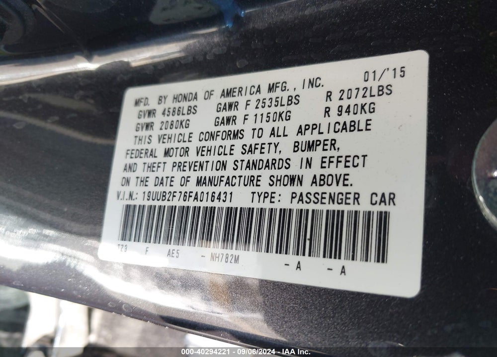 2015 ACURA TLX V6 ADVANCE VIN: 19UUB2F76FA016431