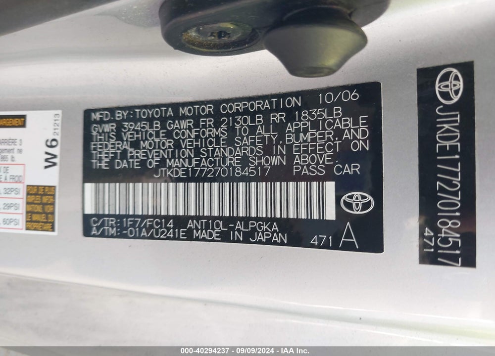 2007 SCION TC VIN: JTKDE177270184517