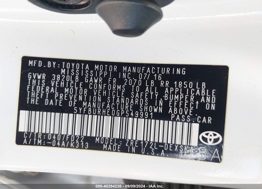 2016 TOYOTA COROLLA VIN: 5YFBURHE0GP549991