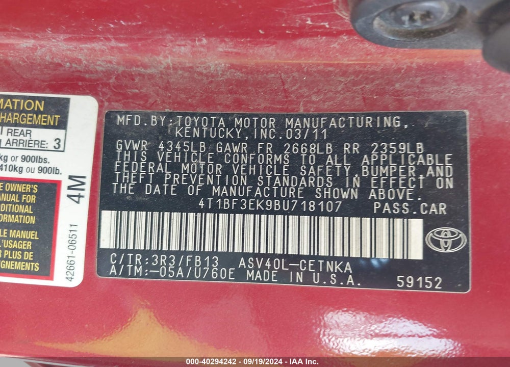2011 TOYOTA CAMRY LE VIN: 4T1BF3EK9BU718107