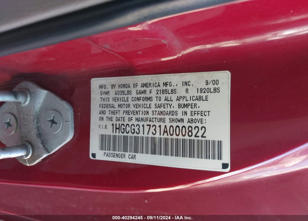 2001 HONDA ACCORD 2.3 EX VIN: 1HGCG31731A000822
