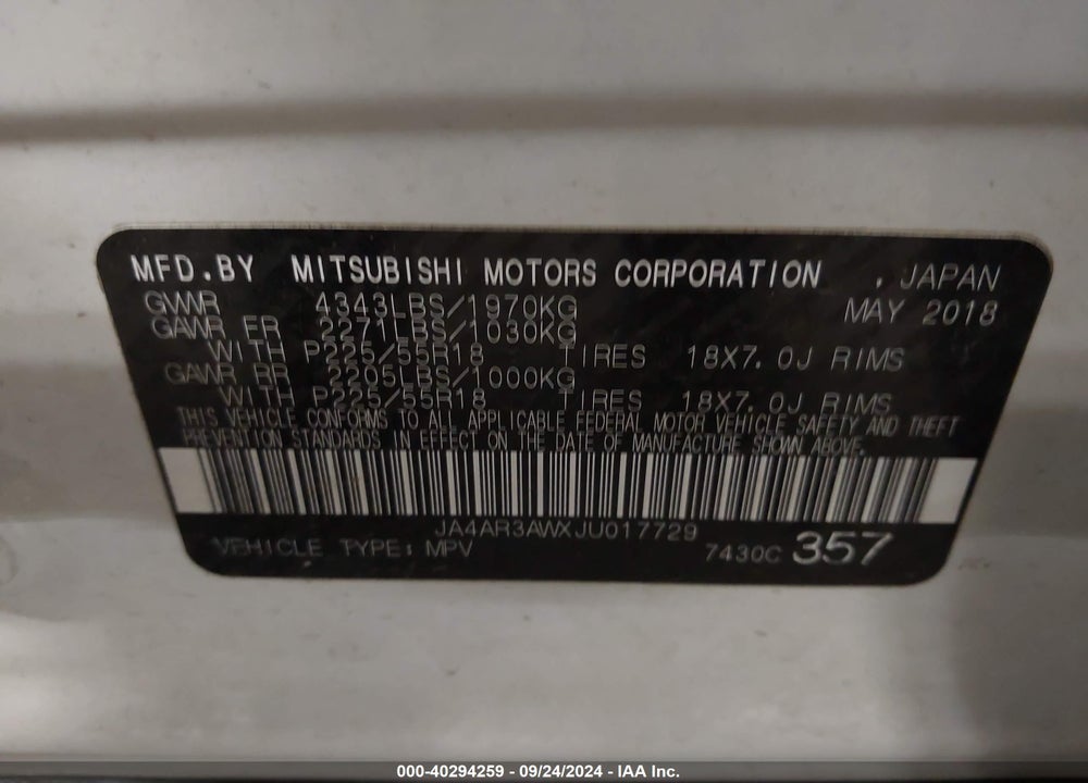 2018 MITSUBISHI OUTLANDER SPORT 2.4 SE VIN: JA4AR3AWXJU017729