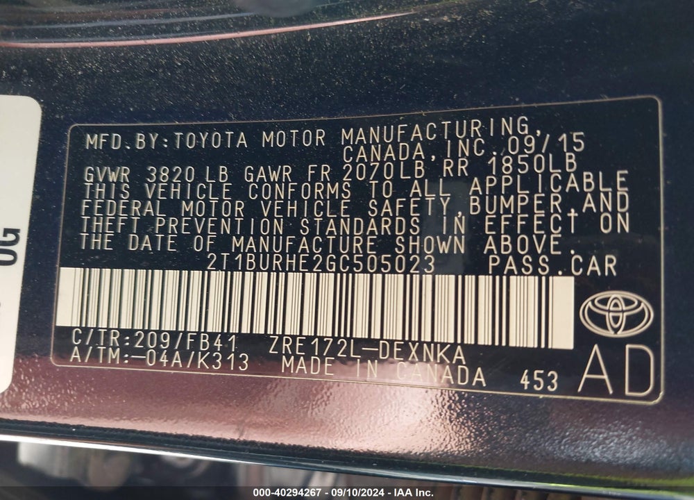 2016 TOYOTA COROLLA LE VIN: 2T1BURHE2GC505023