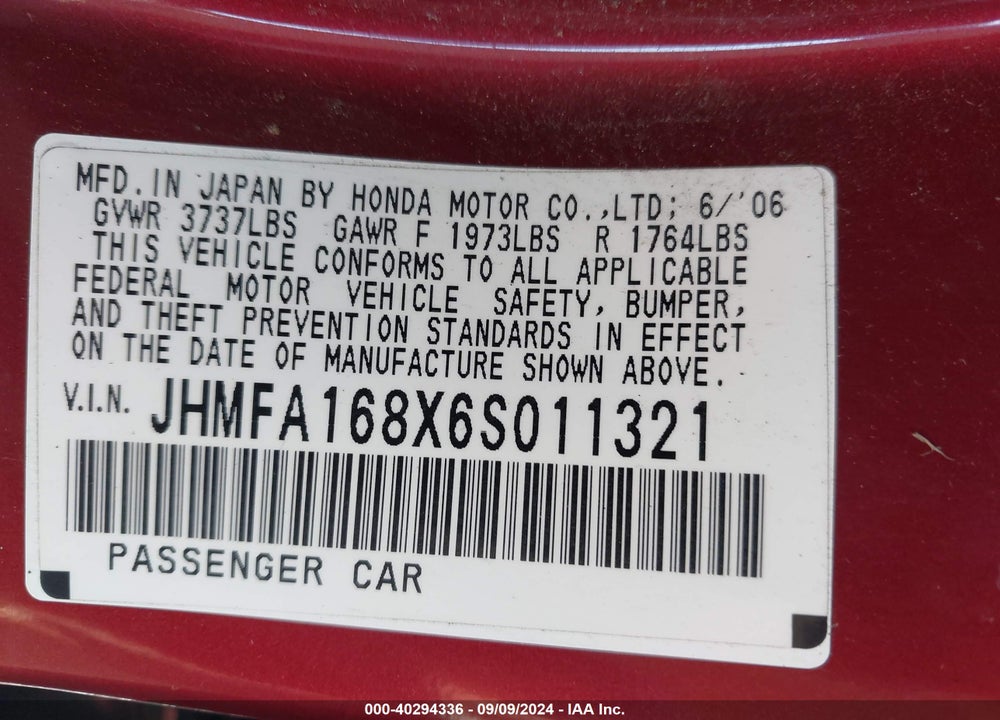2006 HONDA CIVIC EX VIN: JHMFA168X6S011321
