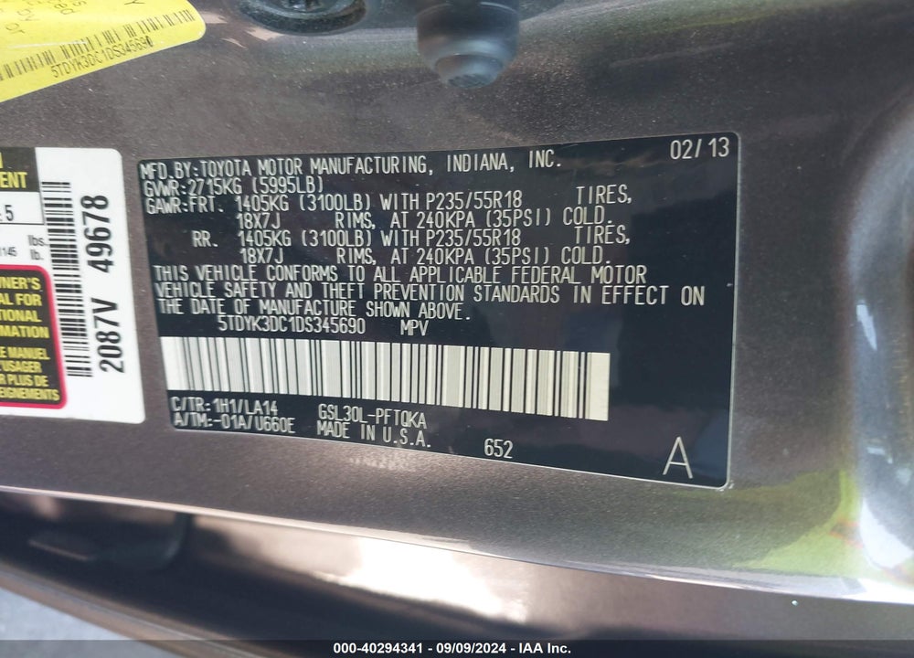 2013 TOYOTA SIENNA LIMITED V6 7 PASSENGER VIN: 5TDYK3DC1DS345690