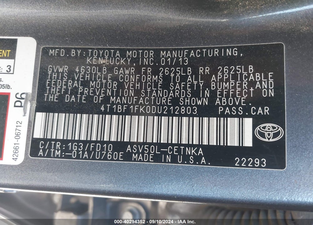 2013 TOYOTA CAMRY LE VIN: 4T1BF1FK0DU212803