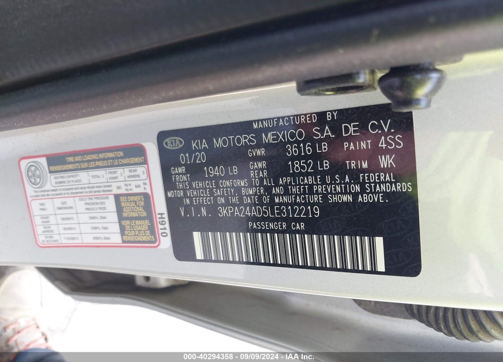 2020 KIA RIO S VIN: 3KPA24AD5LE312219
