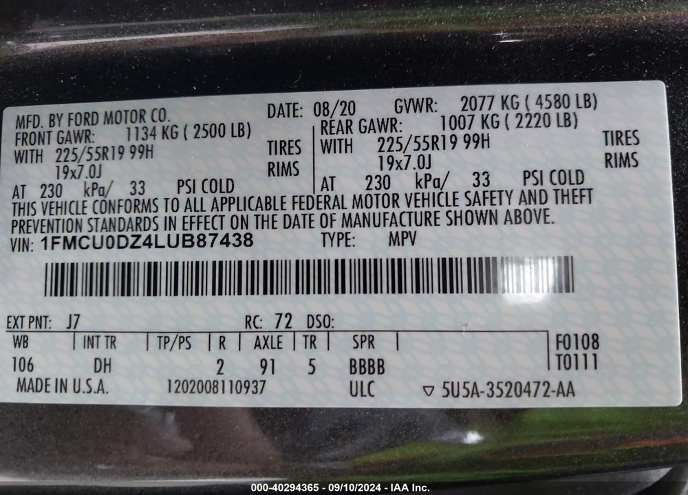 2020 FORD ESCAPE TITANIUM HYBRID VIN: 1FMCU0DZ4LUB87438
