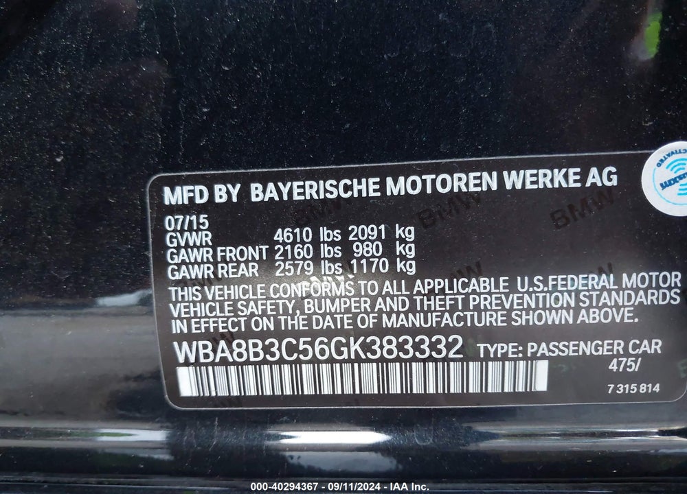 2016 BMW 340I VIN: WBA8B3C56GK383332