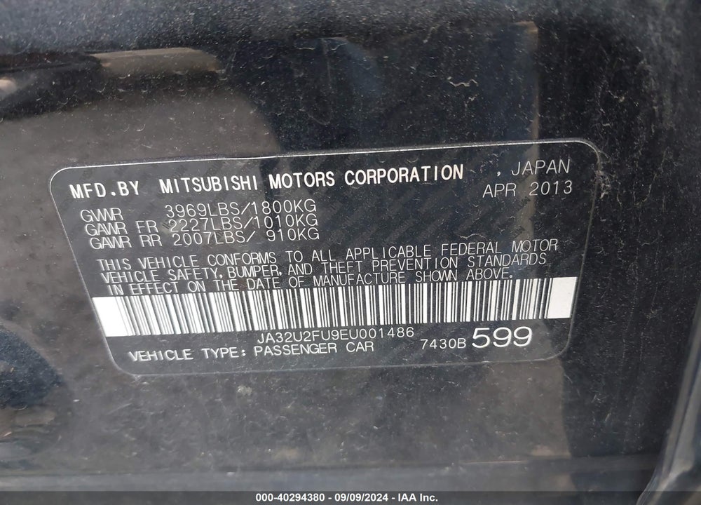 2014 MITSUBISHI LANCER ES VIN: JA32U2FU9EU001486