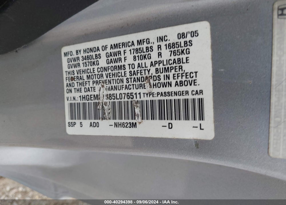 2005 HONDA CIVIC LX VIN: 1HGEM21585L076511