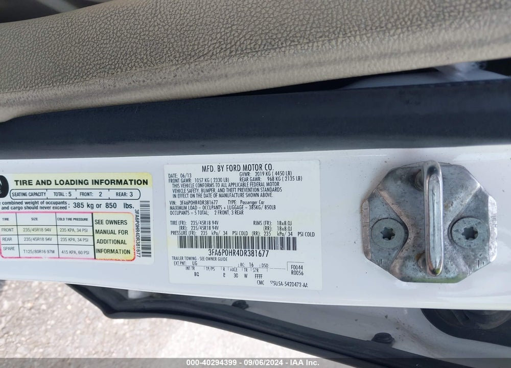 2013 FORD FUSION SE VIN: 3FA6P0HR4DR381677