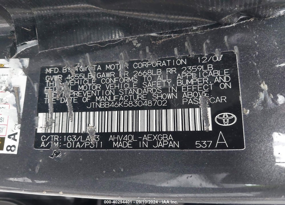 2008 TOYOTA CAMRY HYBRID VIN: JTNBB46K583048702
