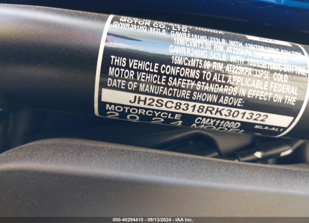 2024 HONDA CMX1100 D VIN: JH2SC8318RK301322