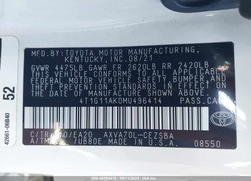 2021 TOYOTA CAMRY SE VIN: 4T1G11AK0MU496414