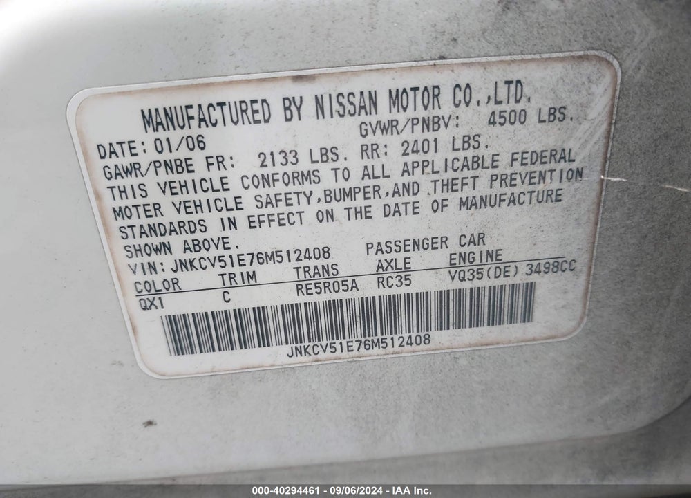 2006 INFINITI G35 VIN: JNKCV51E76M512408