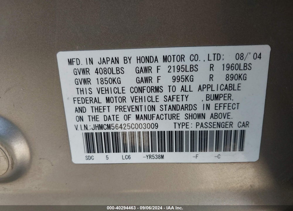 2005 HONDA ACCORD 2.4 LX VIN: JHMCM56425C003009