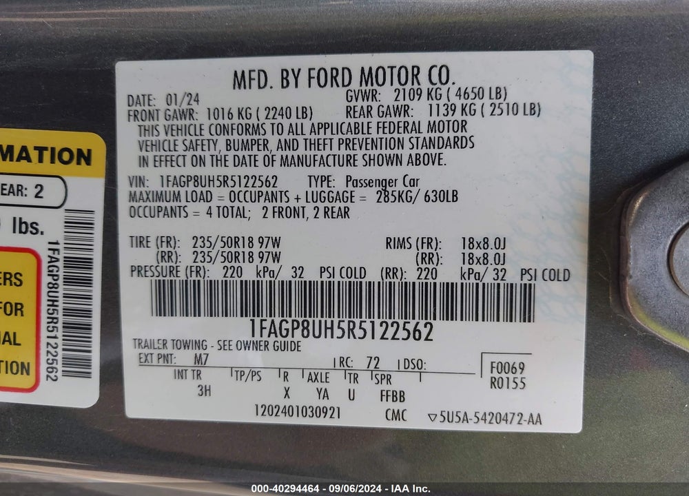2024 FORD MUSTANG VIN: 1FAGP8UH5R5122562