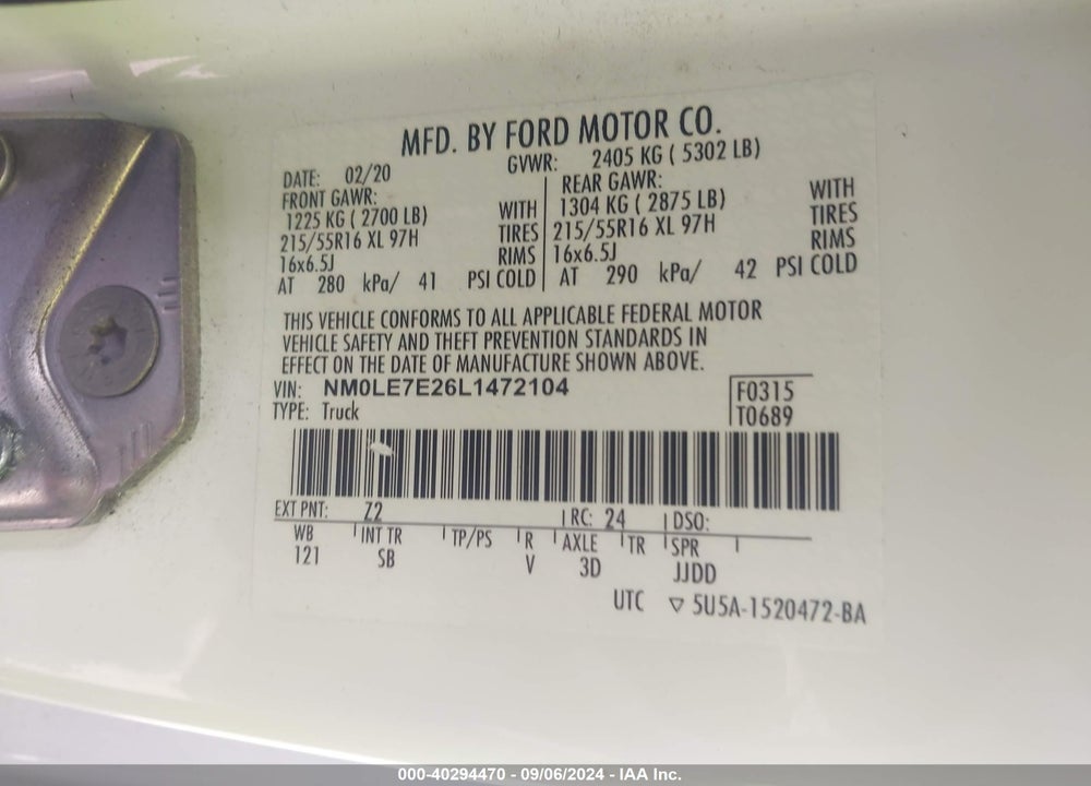 2020 FORD TRANSIT CONNECT XL VIN: NM0LE7E26L1472104