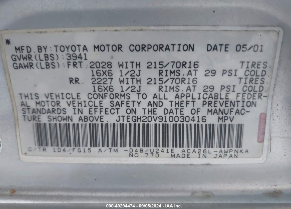 2001 TOYOTA RAV4 VIN: JTEGH20V910030416