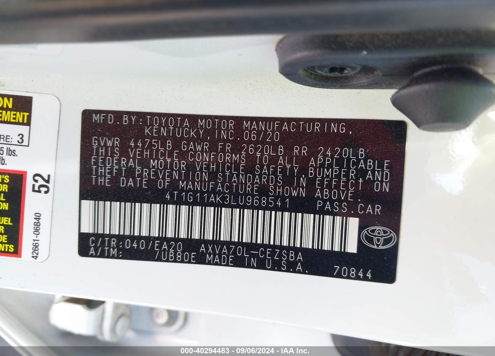 2020 TOYOTA CAMRY SE VIN: 4T1G11AK3LU968541