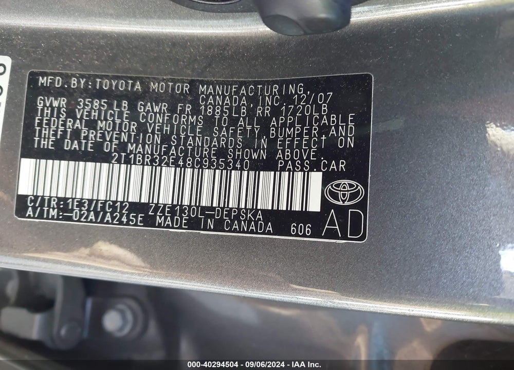 2008 TOYOTA COROLLA S VIN: 2T1BR32E48C935340