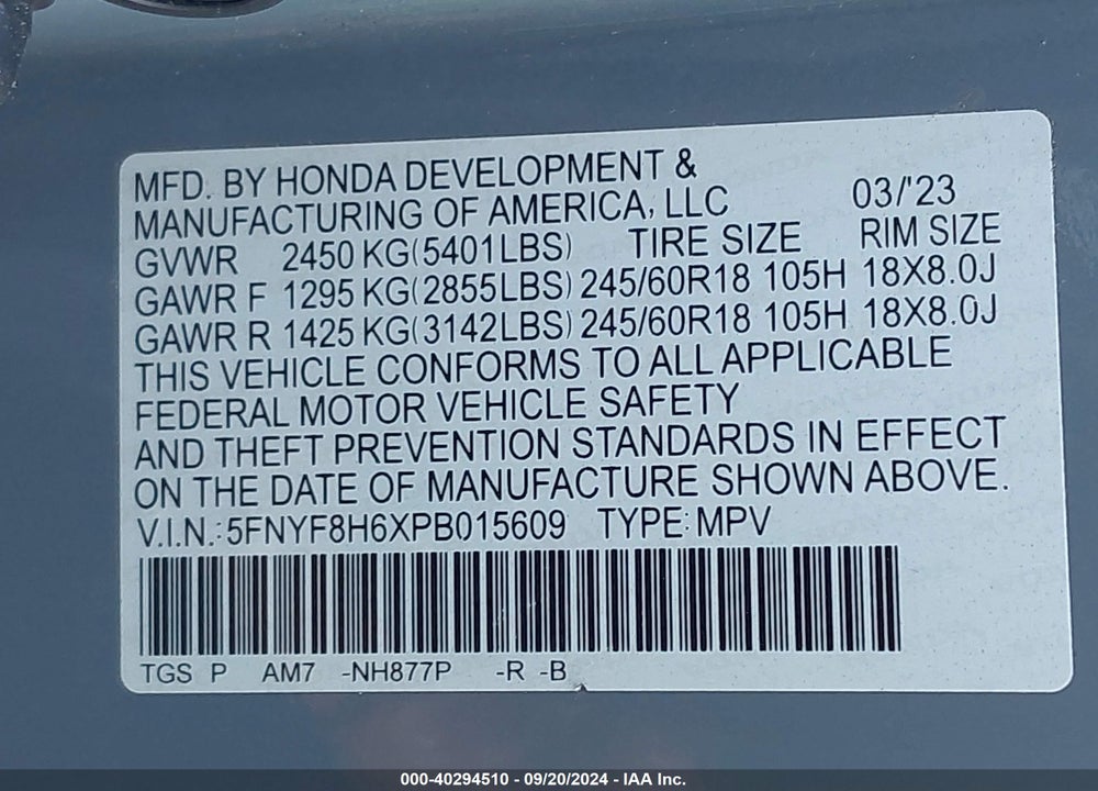 2023 HONDA PASSPORT AWD TRAILSPORT VIN: 5FNYF8H6XPB015609