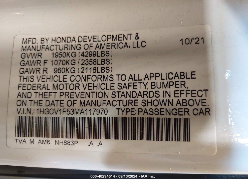 2021 HONDA ACCORD EX-L VIN: 1HGCV1F53MA117970