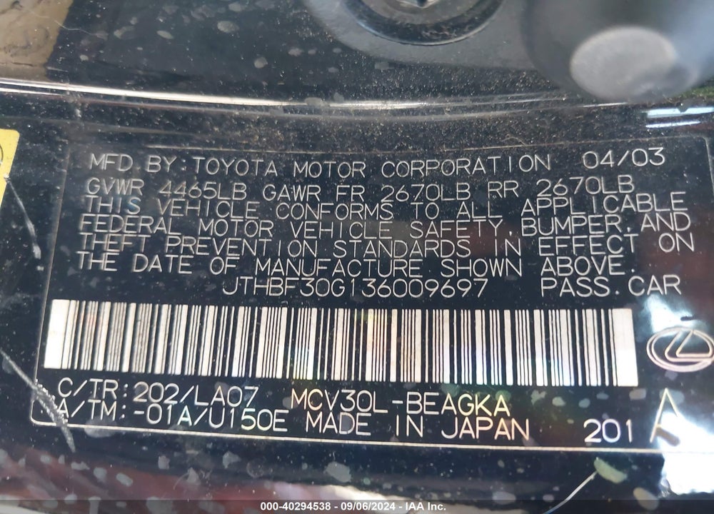 2003 LEXUS ES 300 VIN: JTHBF30G136009697