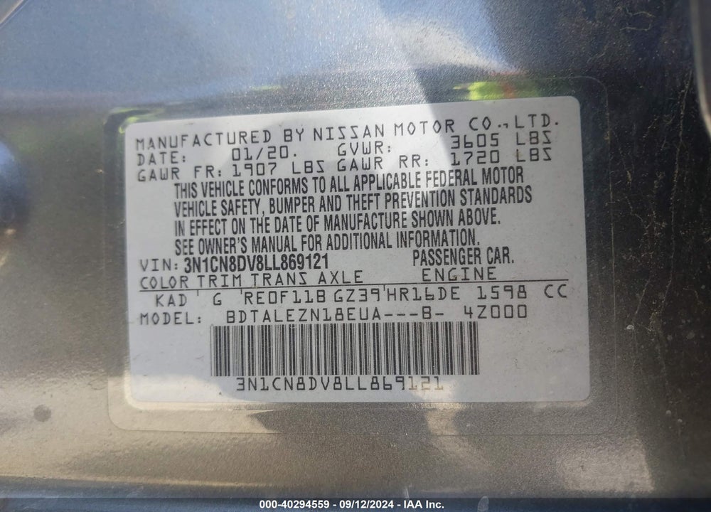 2020 NISSAN VERSA S XTRONIC CVT VIN: 3N1CN8DV8LL869121