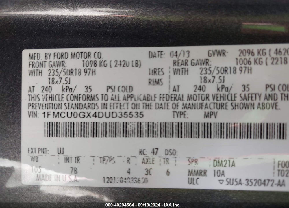 2013 FORD ESCAPE SE VIN: 1FMCU0GX4DUD35535