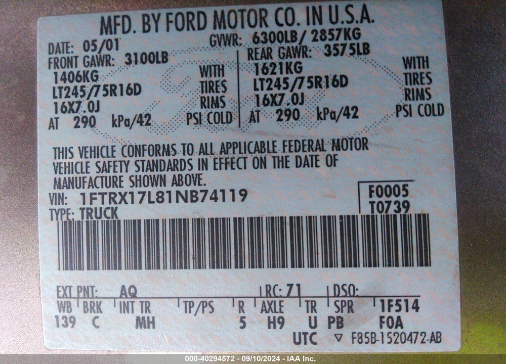 2001 FORD F-150 LARIAT/XL/XLT VIN: 1FTRX17L81NB74119