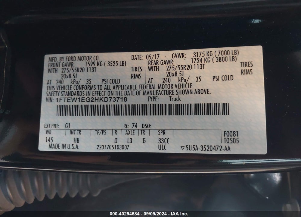 2017 FORD F-150 LARIAT VIN: 1FTEW1EG2HKD73718