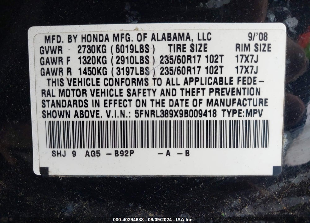 2009 HONDA ODYSSEY TOURING VIN: 5FNRL389X9B009418