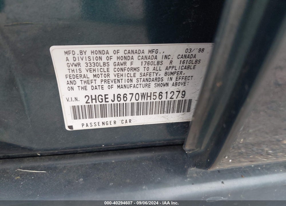 1998 HONDA CIVIC LX VIN: 2HGEJ6670WH561279