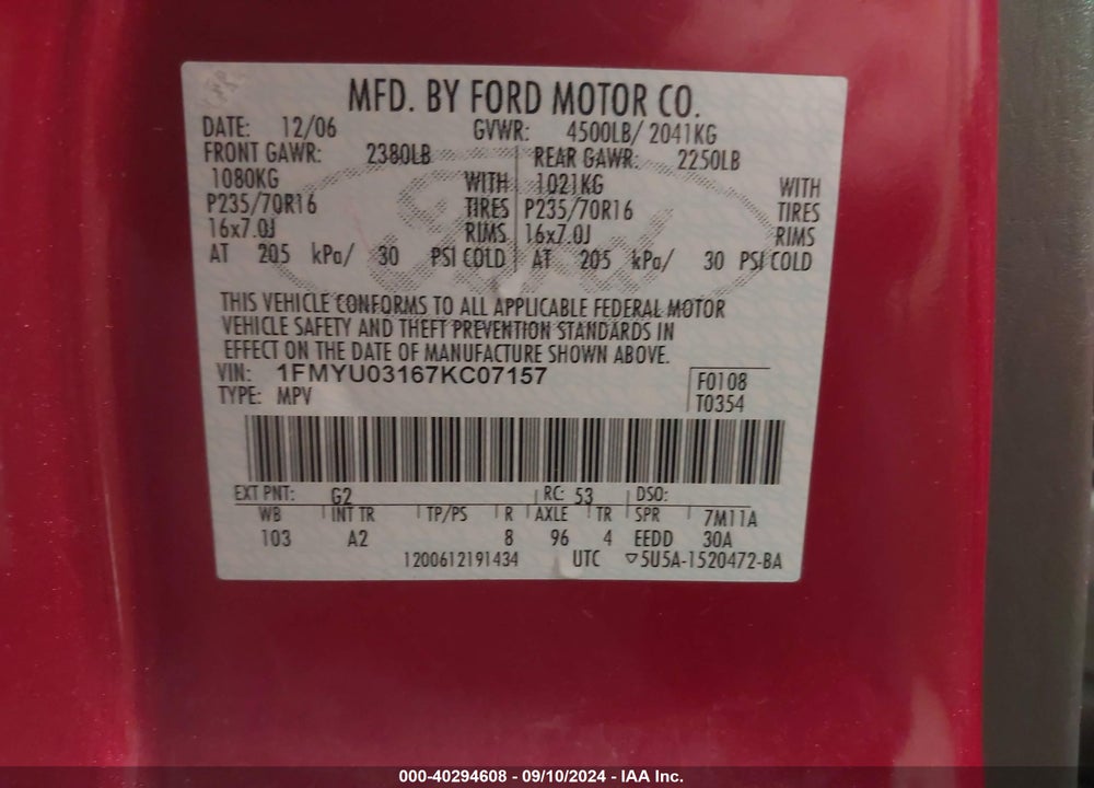 2007 FORD ESCAPE XLT/XLT SPORT VIN: 1FMYU03167KC07157