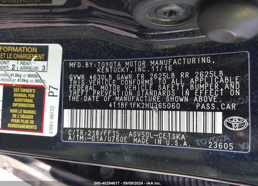 2017 TOYOTA CAMRY VIN: 4T1BF1FK2HU365060