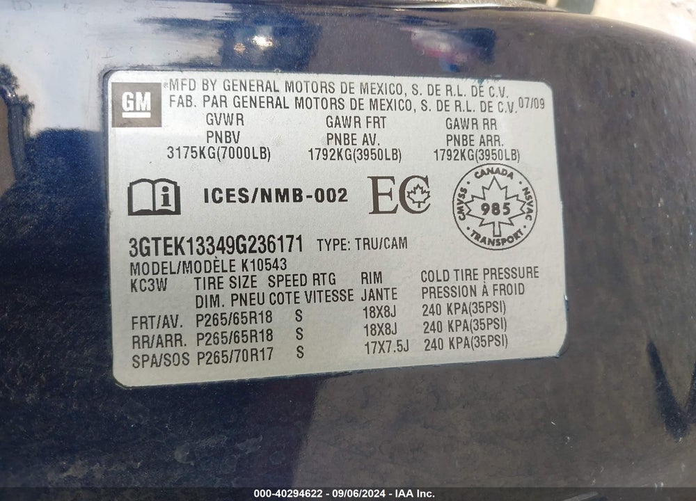 2009 GMC SIERRA 1500 WORK TRUCK VIN: 3GTEK13349G236171