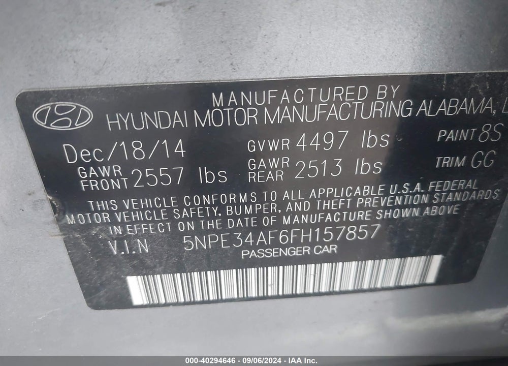 2015 HYUNDAI SONATA LIMITED VIN: 5NPE34AF6FH157857