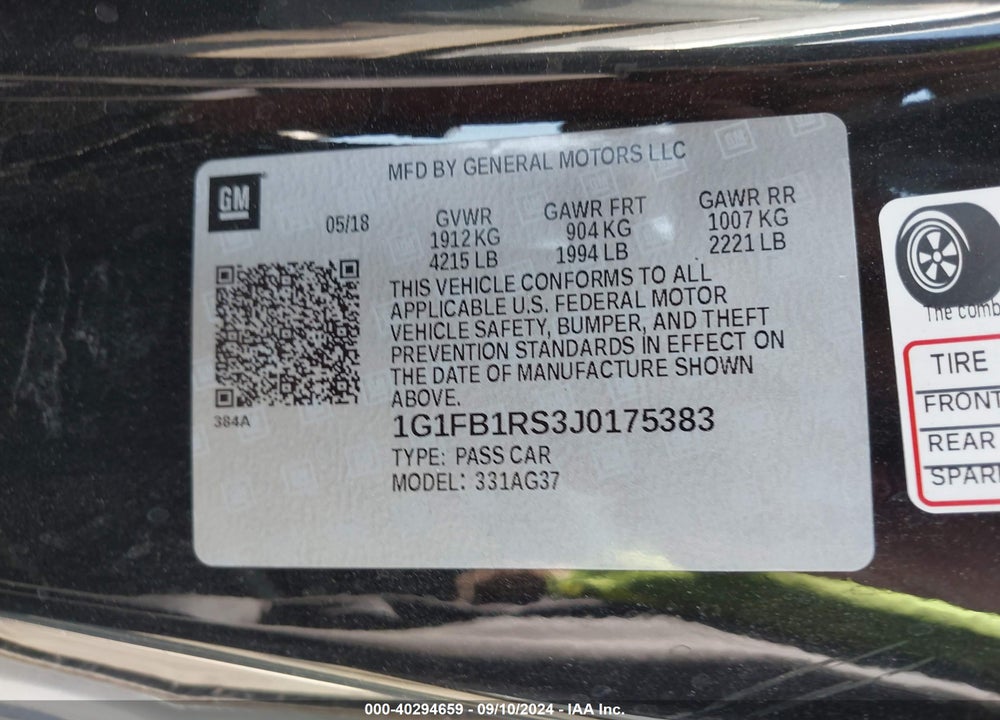 2018 CHEVROLET CAMARO 1LT VIN: 1G1FB1RS3J0175383