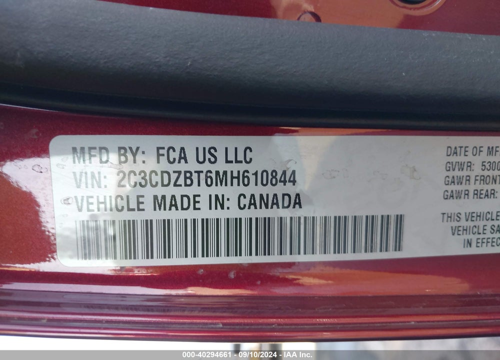 2021 DODGE CHALLENGER R/T VIN: 2C3CDZBT6MH610844