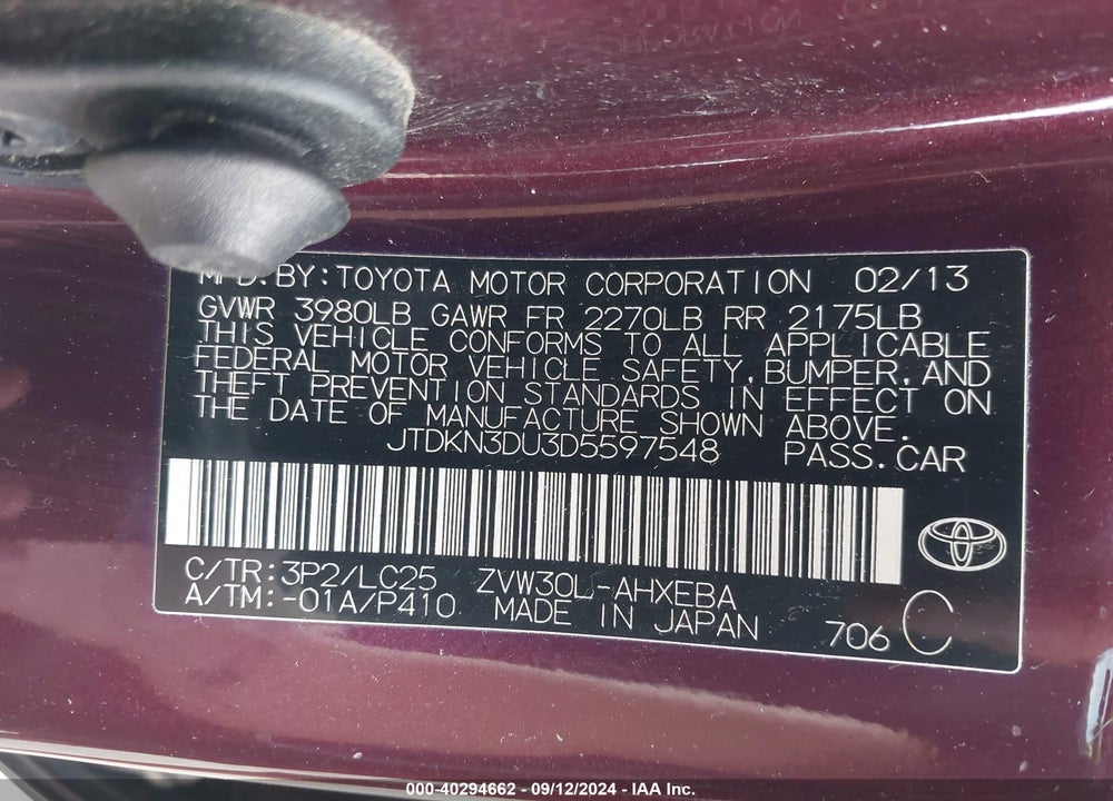 2013 TOYOTA PRIUS THREE SE VIN: JTDKN3DU3D5597548