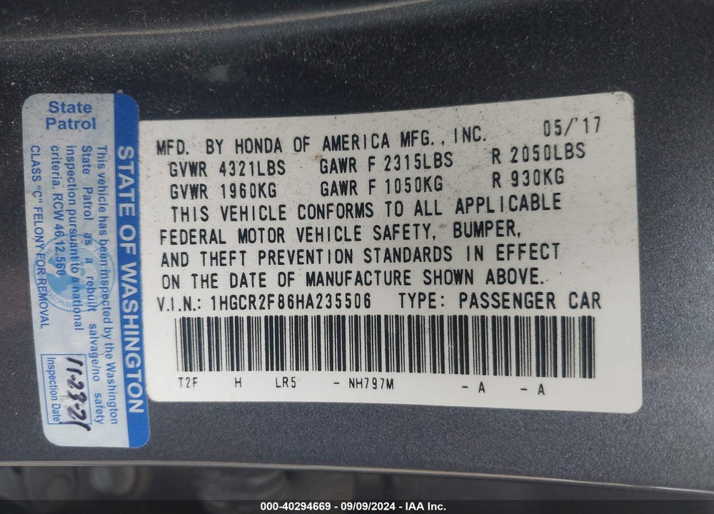 2017 HONDA ACCORD EX-L VIN: 1HGCR2F86HA235506