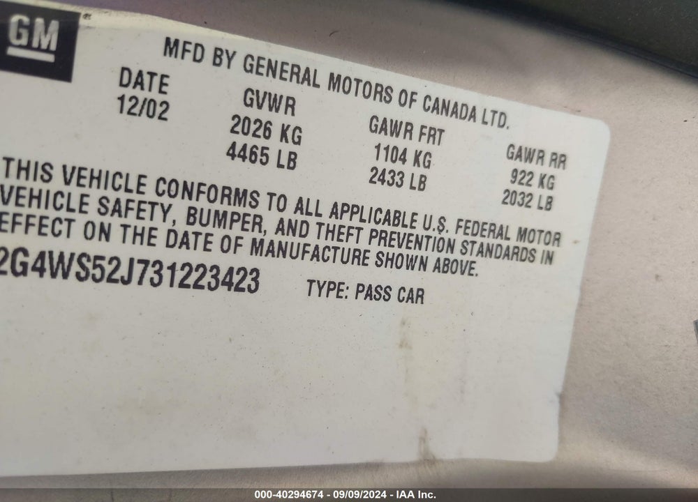 2003 BUICK CENTURY CUSTOM VIN: 2G4WS52J731223423