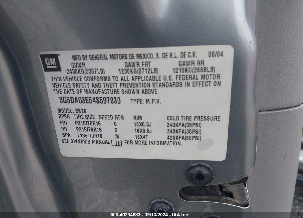 2004 BUICK RENDEZVOUS CX VIN: 3G5DA03E54S597030
