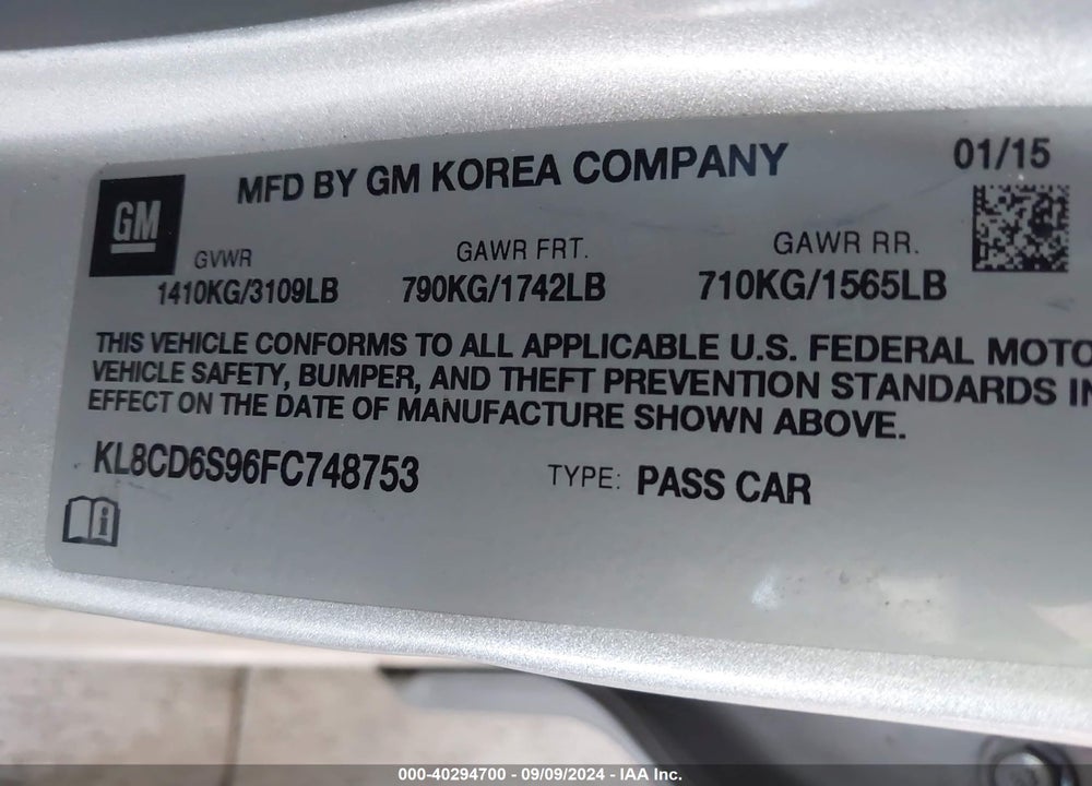 2015 CHEVROLET SPARK 1LT CVT VIN: KL8CD6S96FC748753