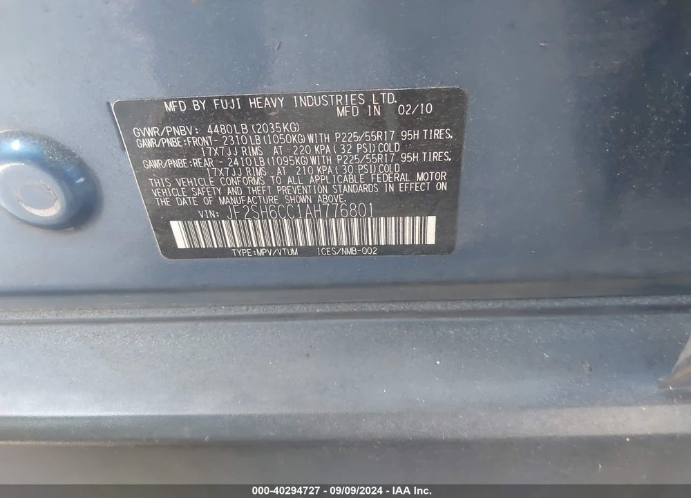 2010 SUBARU FORESTER 2.5X PREMIUM VIN: JF2SH6CC1AH776801