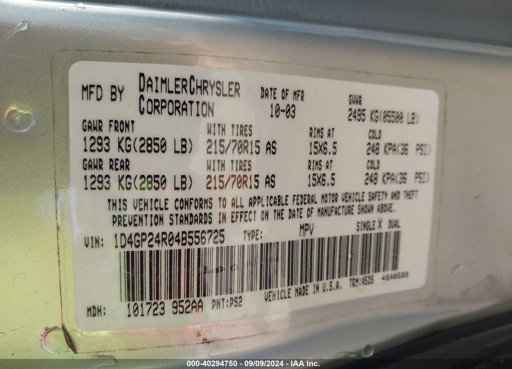2004 DODGE GRAND CARAVAN SE VIN: 1D4GP24R04B556725